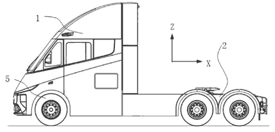 Patent drawing — electric commercial vehicle with battery-pack frame