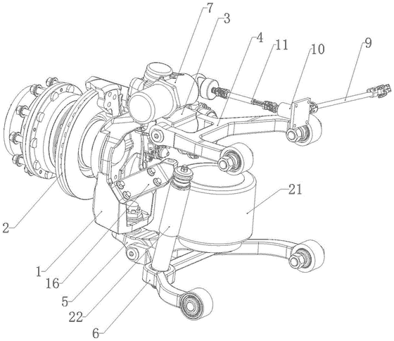 Patent drawing — redundant electric steering with double-wishbone air-spring suspension